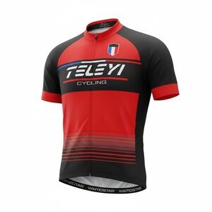 Teleyi Cycling Jersey Mens Large Red Black Short Sleeve Sporty Bikercore Zip EUC